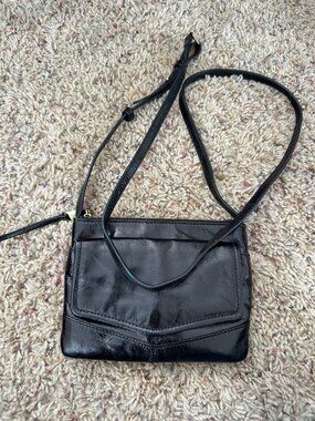 Hobo Black Leather Small Crossbody Bag Adjustable Strap Floral Inner Lining